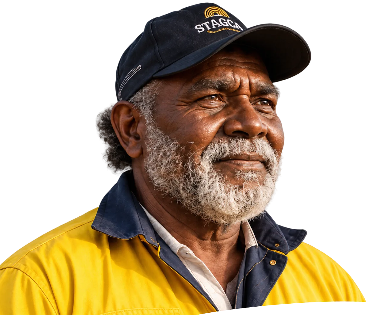 Aboriginal elder wearing a STAGCA cap